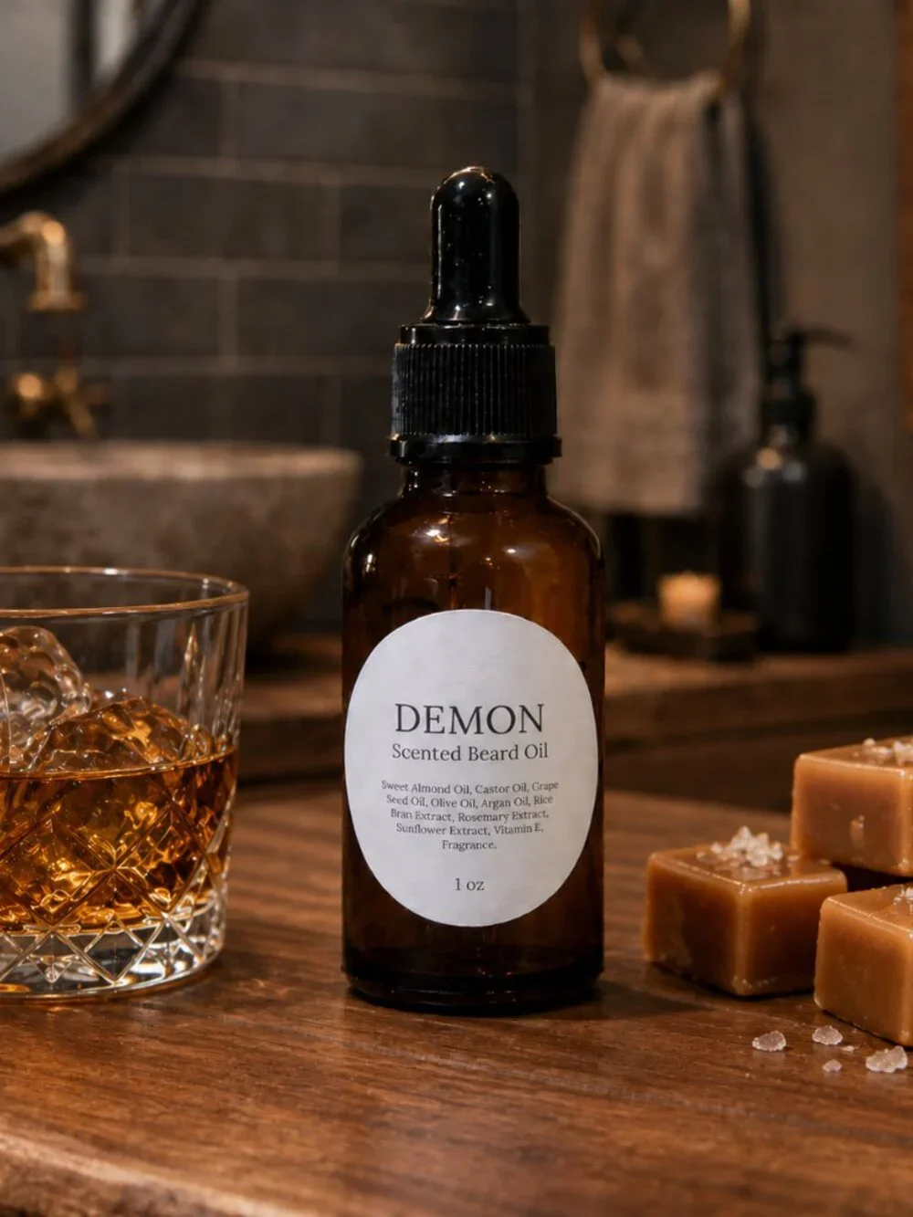 DEMON Bourbon & Caramel Men's Scented Beard Oil.